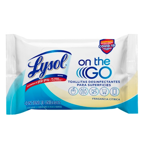 Lysol® Toallitas Desinfectantes On The Go para superficies - 15 toallitas.