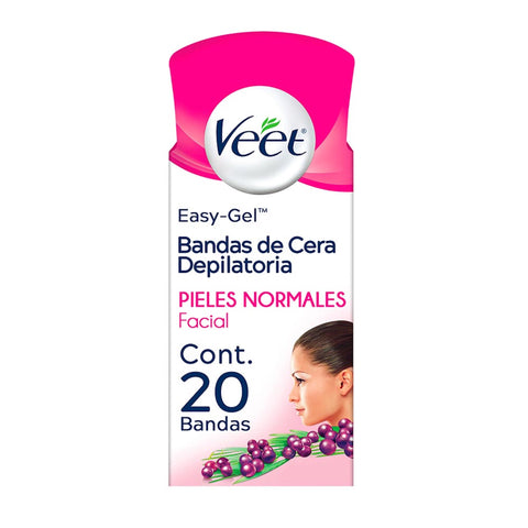 Veet® Bandas cera depilatoria faciales frías, Piel normal - Caja con 20 bandas.