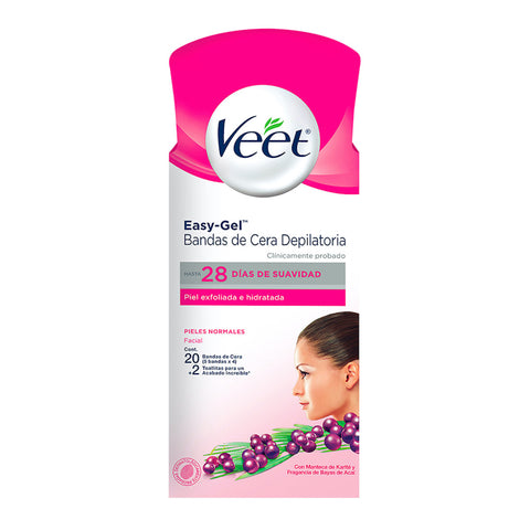 Veet® Bandas cera depilatoria faciales frías, Piel normal - Caja con 20 bandas.