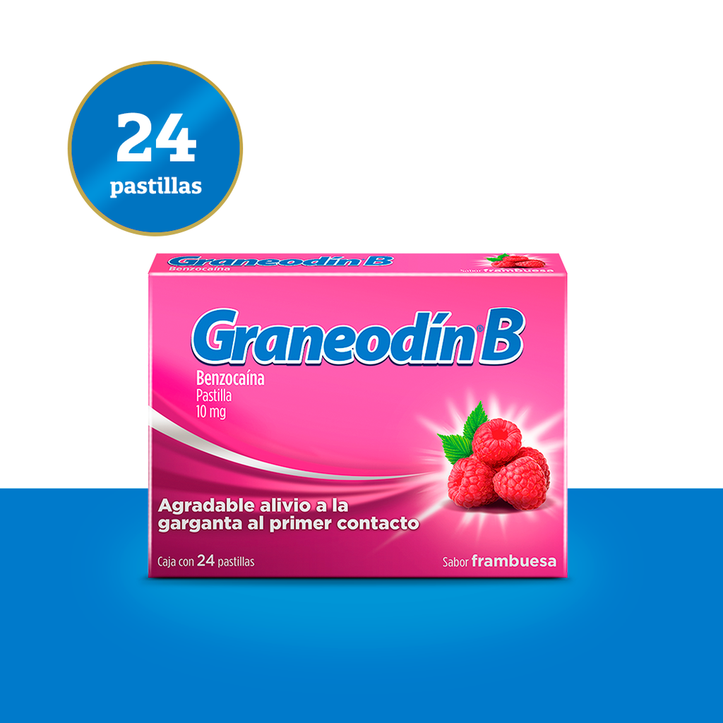 Graneodín® B con Benzocaína sabor Frambuesa - Caja con 24 pastillas.