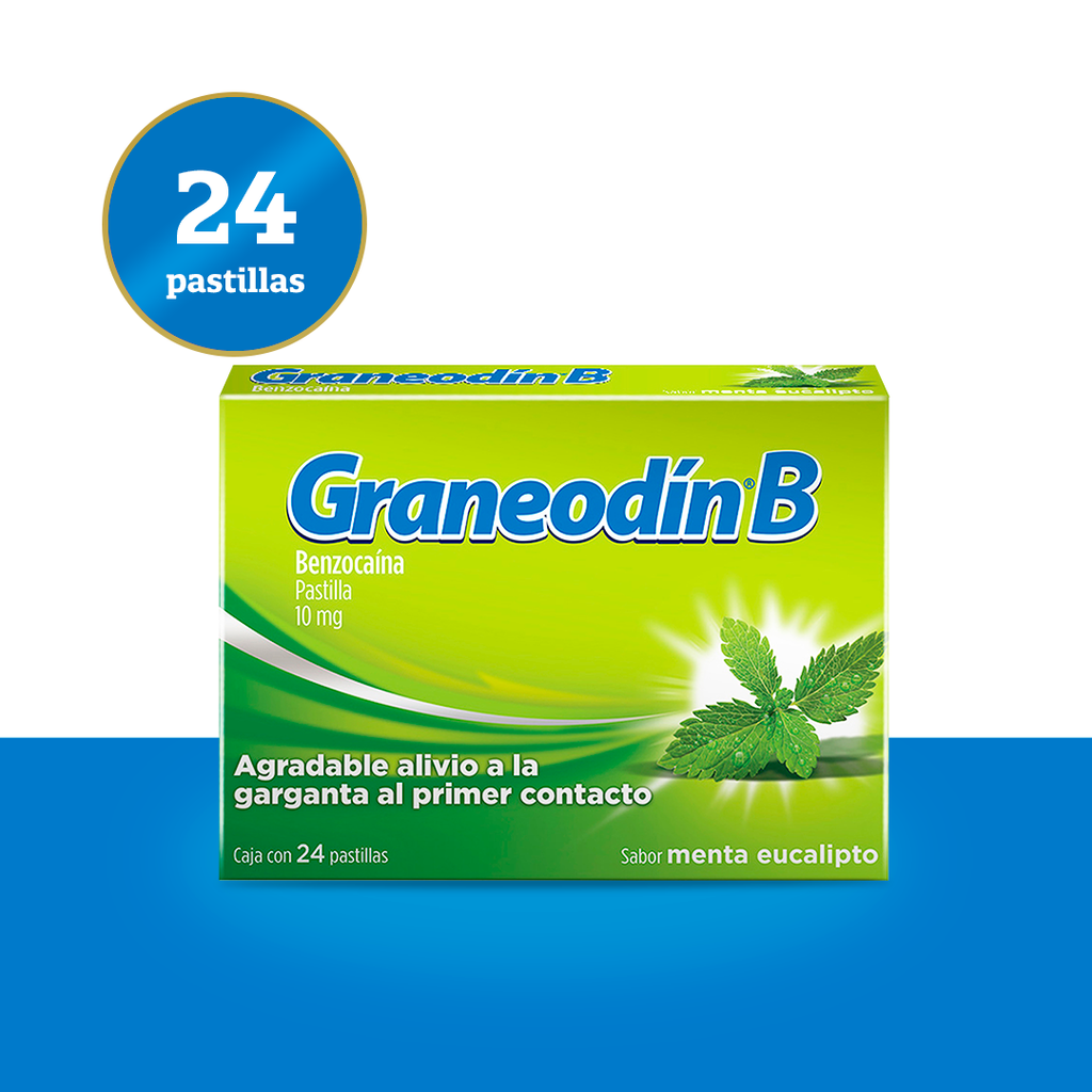Graneodín® B con Benzocaína sabor Menta & Eucalipto - Caja con 24 pastillas.