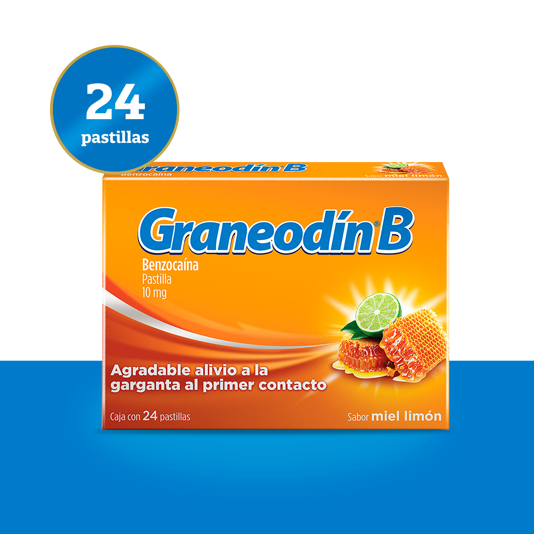 Graneodín® B con Benzocaína sabor Miel & Limón - Caja con 24 pastillas.
