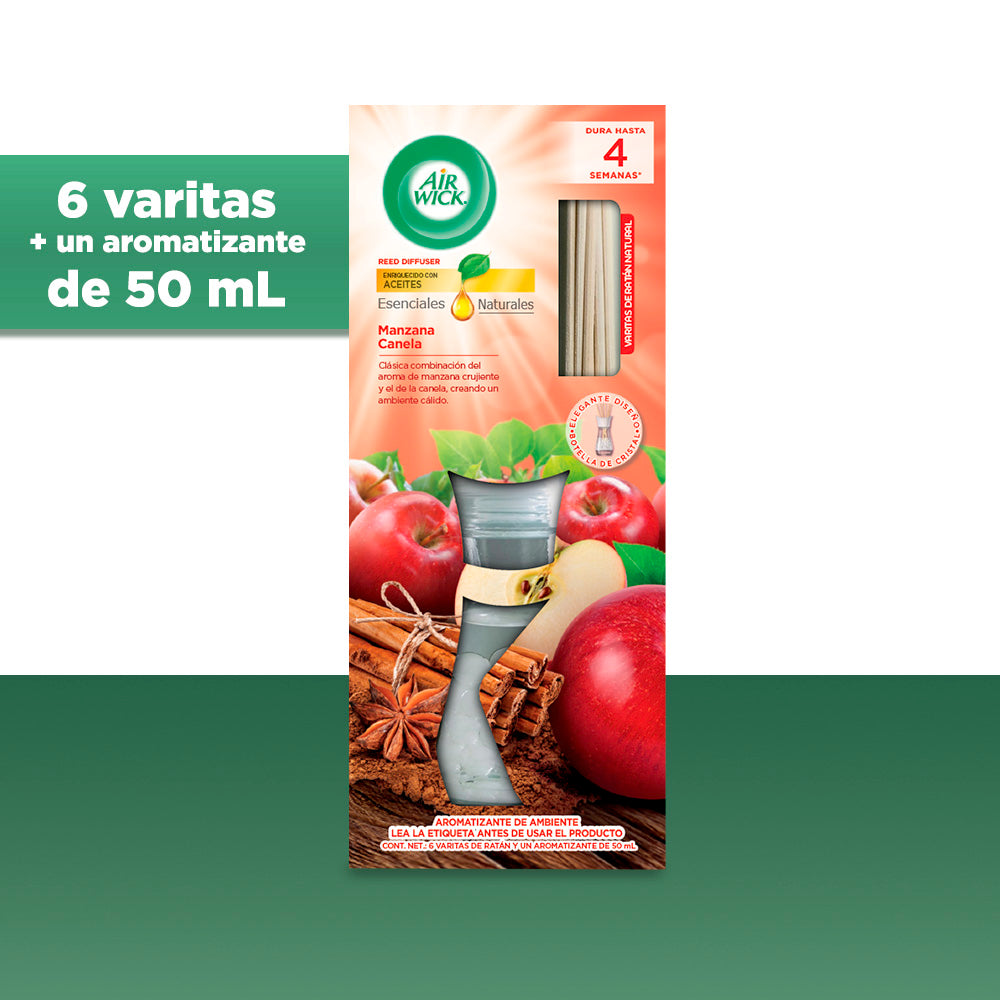 Air Wick® Reed Diffuser Aromatizante de Ambiente, Manzana & Canela - 6 varitas y 50 ml.