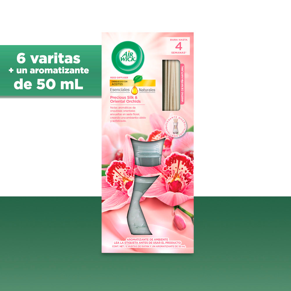 Air Wick® Reed Diffuser Aromatizante de Ambiente, Precious Silk & Oriental Orchids - 6 varitas y 50 ml.