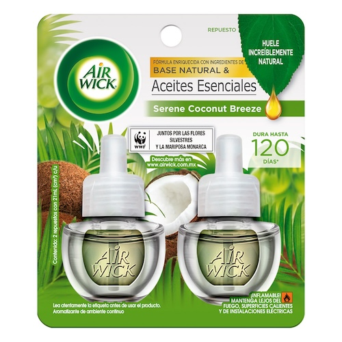 Air Wick® Aromatizante de Ambiente, Serene Coconut Breeze - 2 Repuestos de 20 ml c/u.