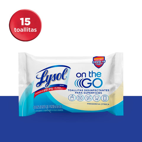 Lysol® Toallitas Desinfectantes On The Go para superficies - 15 toallitas.