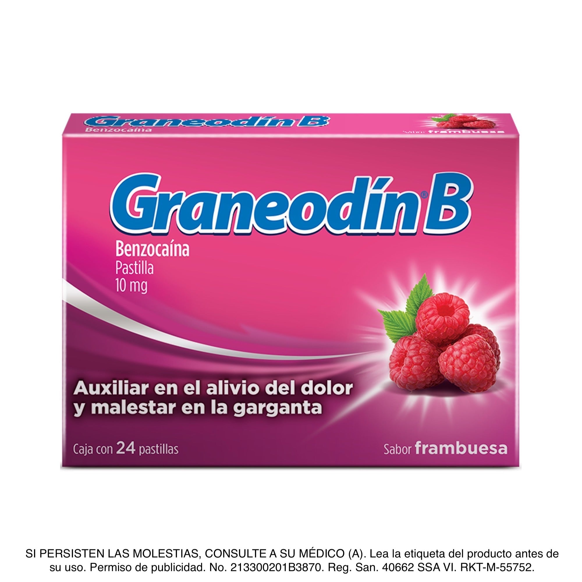 Graneodín® B con Benzocaína sabor Frambuesa - Caja con 24 pastillas.