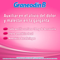 Graneodín® B con Benzocaína sabor Frambuesa - Caja con 24 pastillas.