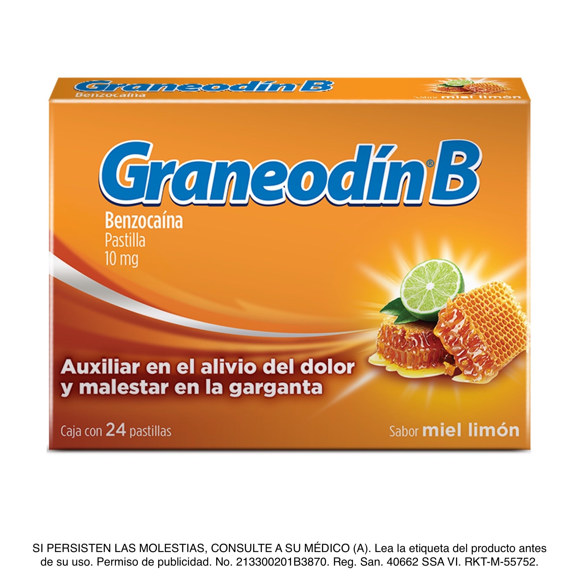 Graneodín® B con Benzocaína sabor Miel & Limón - Caja con 24 pastillas.