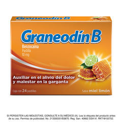 Graneodín® B con Benzocaína sabor Miel & Limón - Caja con 24 pastillas.