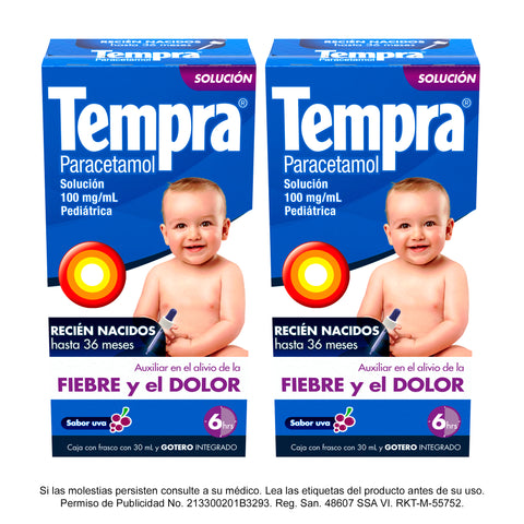 Tempra® Solución Pediátrica, Sabor Uva - Pack de 2 frascos con 30 ml