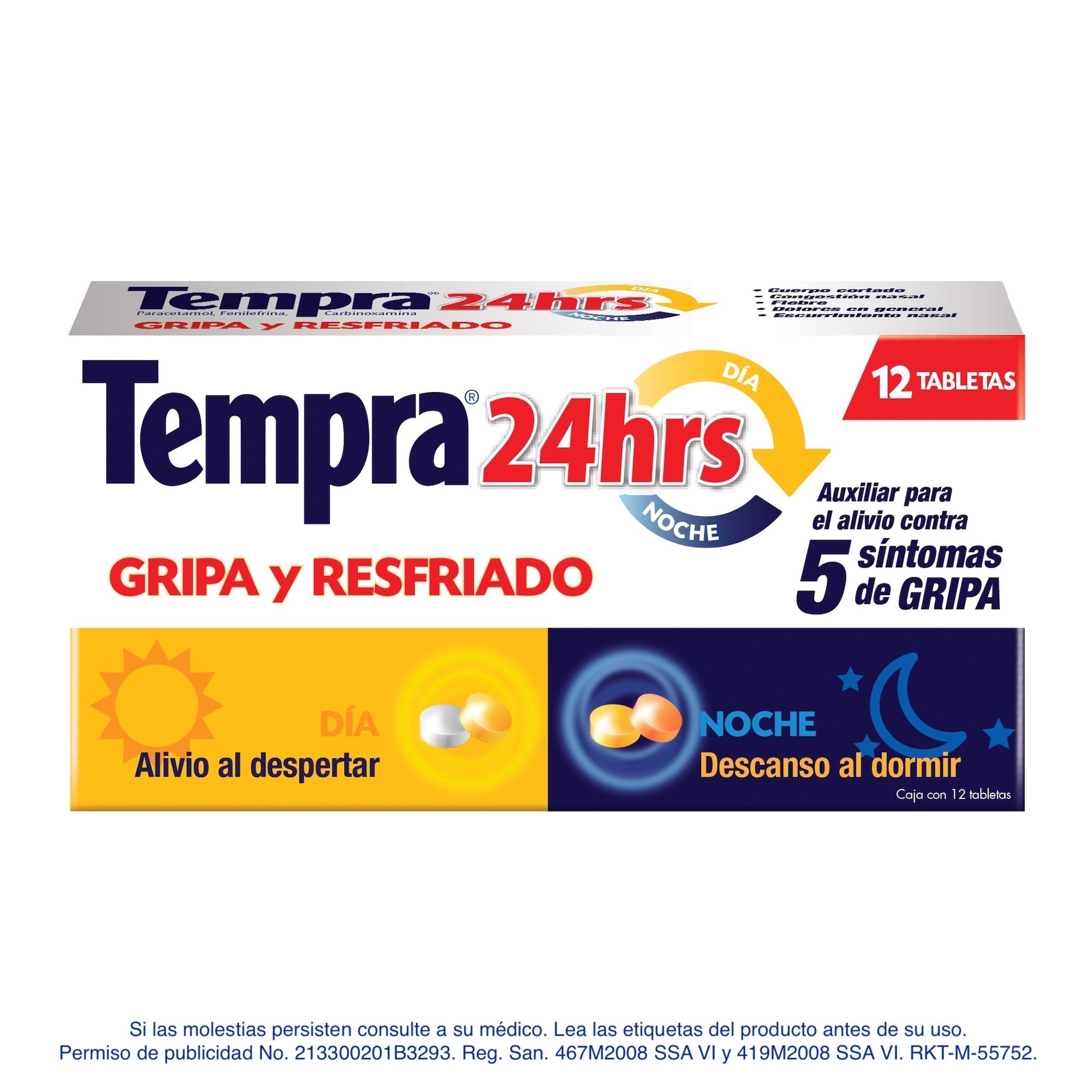 Tempra® 24 Hrs Gripa y Resfriado, Caja con 12 tabletas.