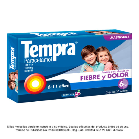 Tempra® Tableta Masticable, Sabor Uva - 160 mg.