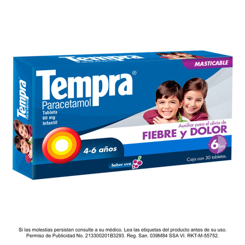 Tempra® Tableta Masticable, Sabor Uva - 80 mg.